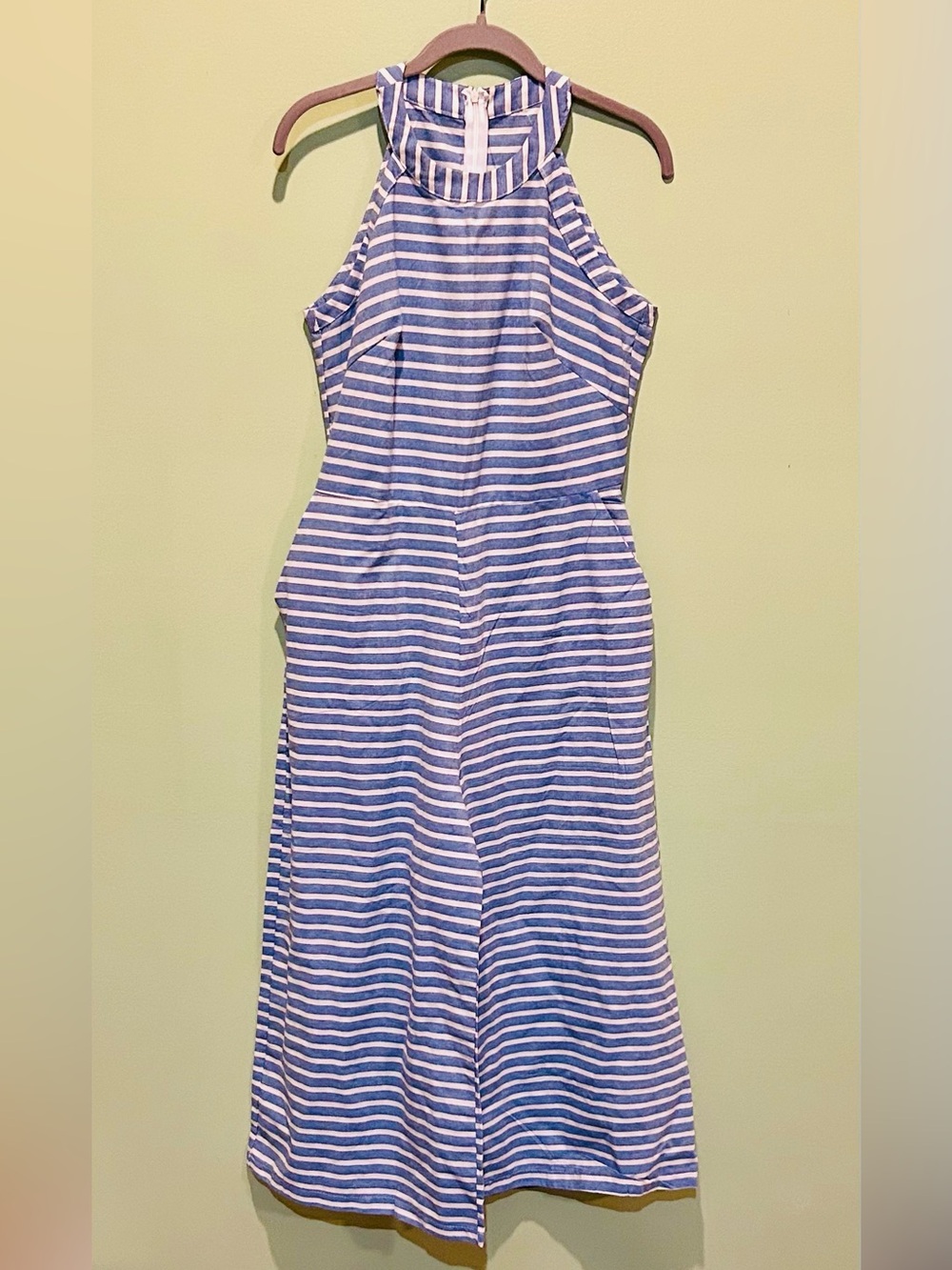 Women’s Blue and White Striped One-Piece Halter Jumpsuit